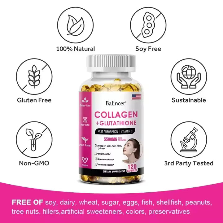 Hydrolyzed Collagen 2200mg Glutathione 1300mg Biotin MSM and Vitamin C B6 B3 Capsule Nutritional Supplement